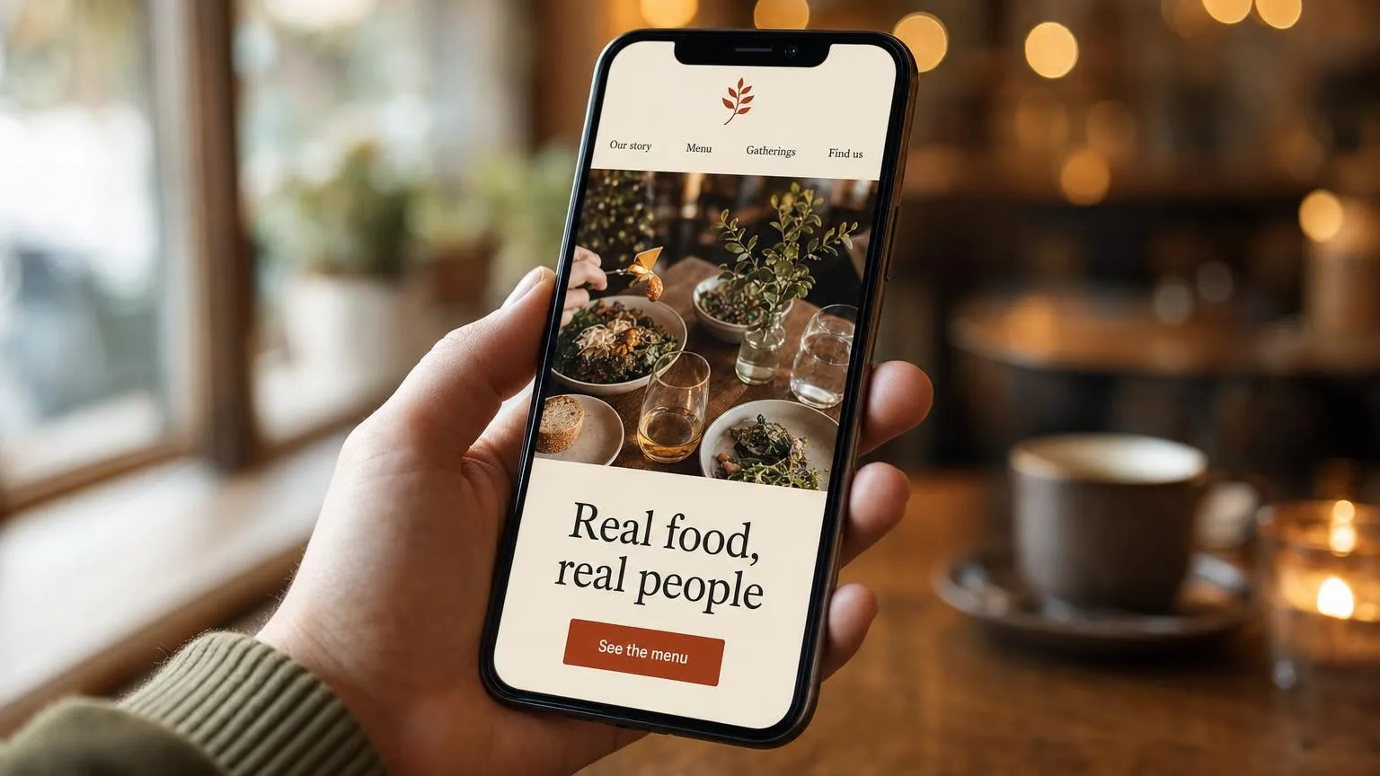 A hand holding a phone showing a fast-loading website in a cafe
