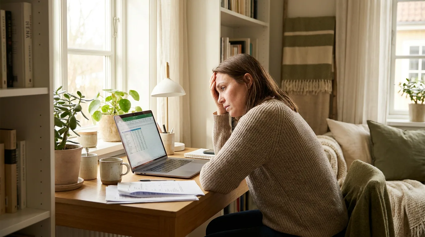 A small business owner looking frustrated while working on their website at a desk