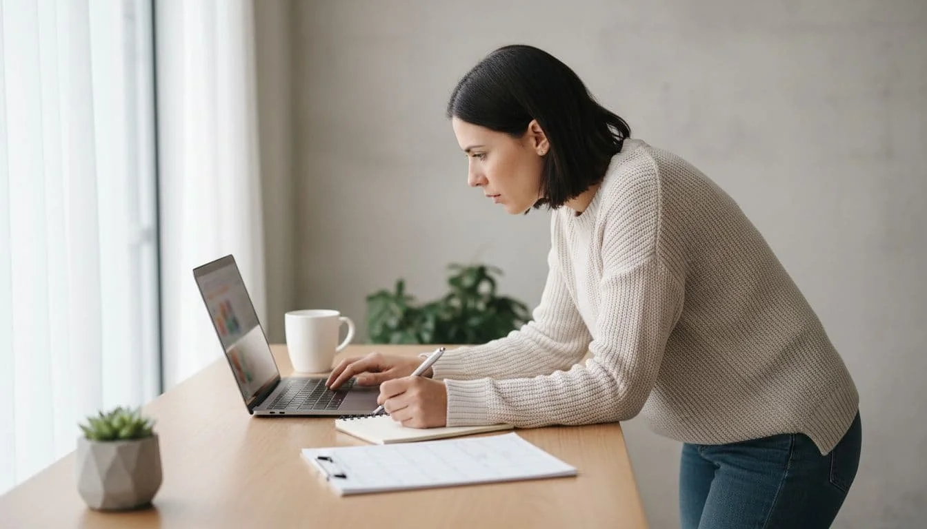 A focused small business owner in casual attire at a clean desk summarizes meeting notes from a notebook onto a laptop screen, in a simple workspace with planner and coffee under natural daylight, photorealistic style.