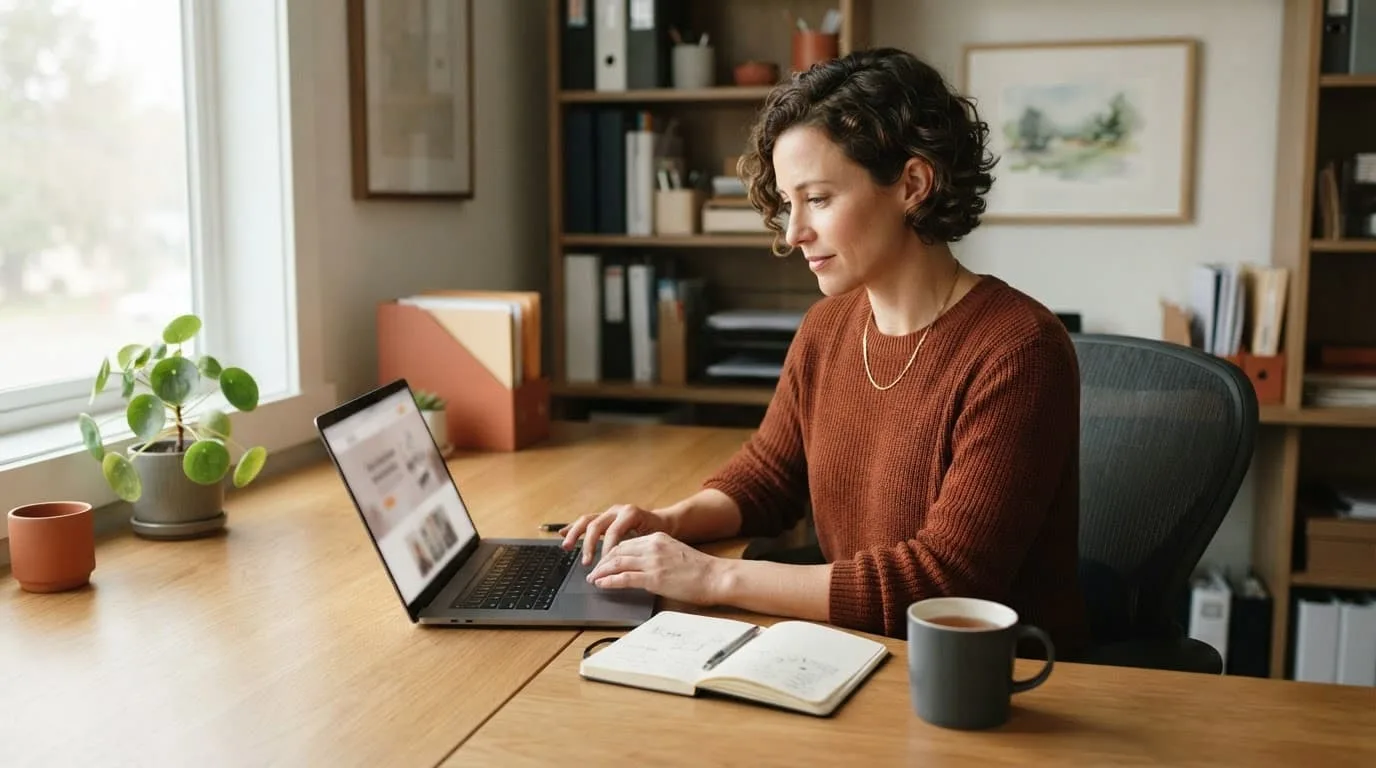 Business owner working at a laptop with a notebook in a tidy office.
