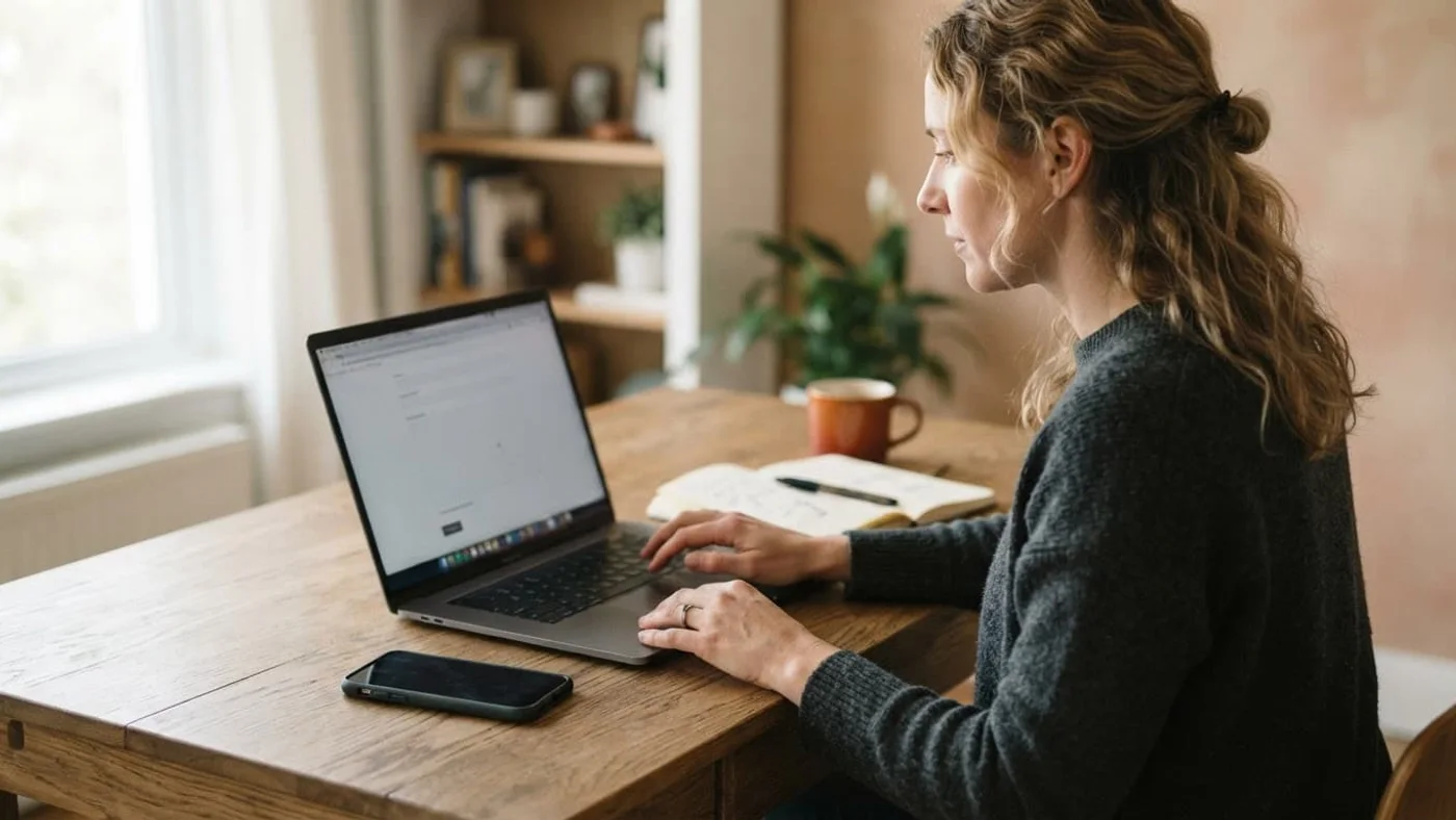 A business owner tests a website contact form on a laptop beside a phone and notebook.
