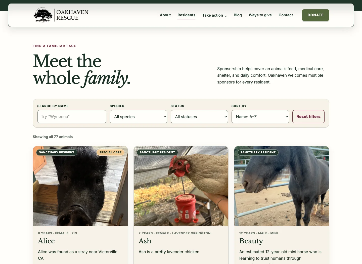 Name search, species and status filters, with sorting that helps a growing directory stay useful.