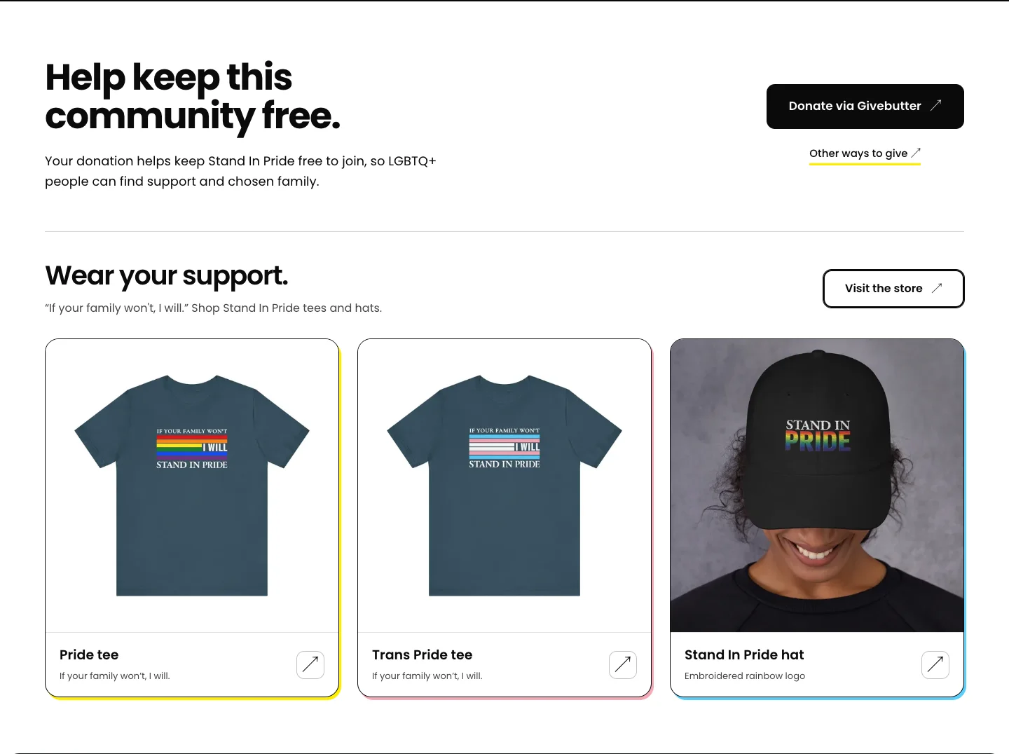 New support section showing donations and Stand In Pride merchandise.