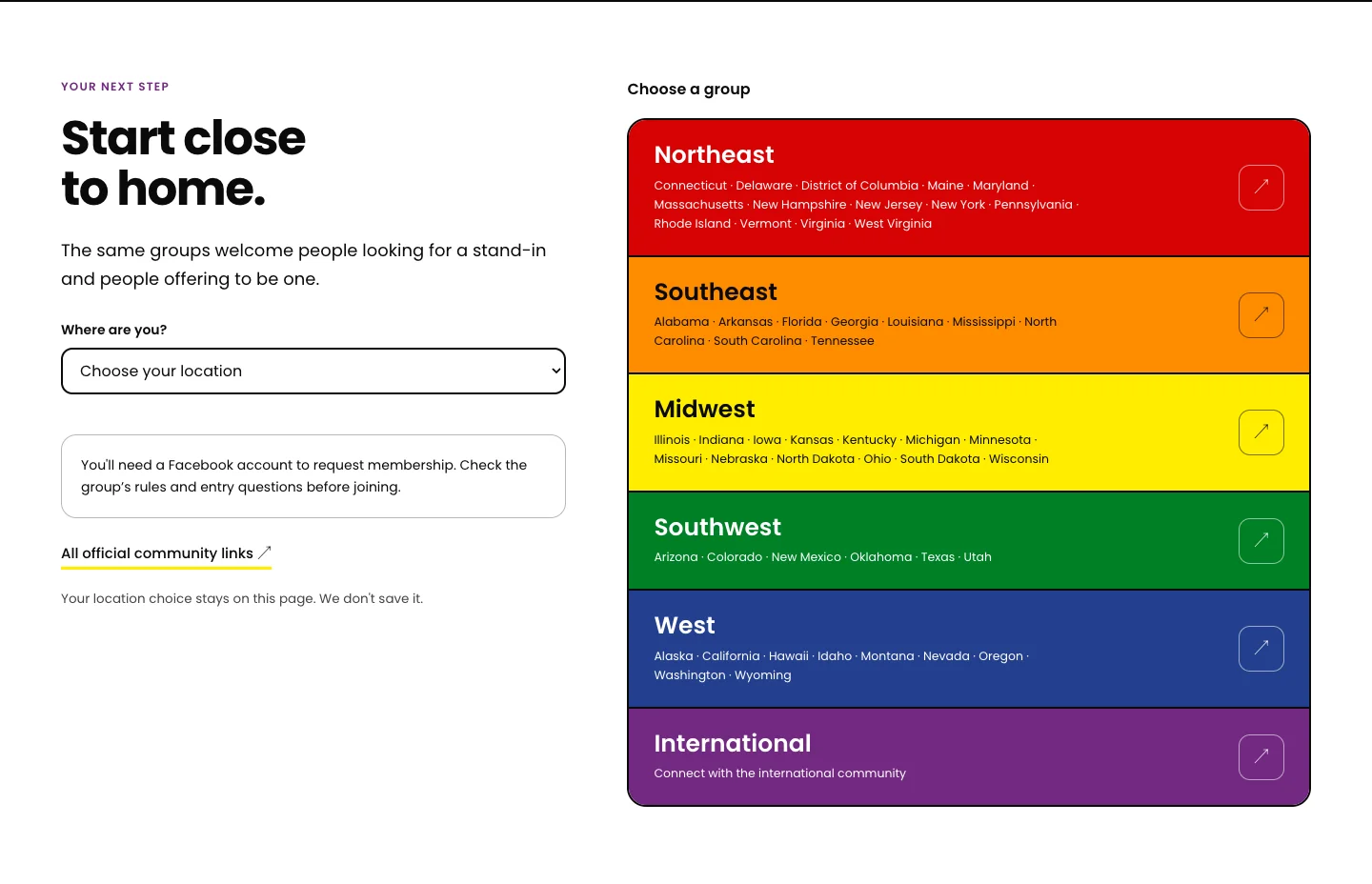Regional community finder on the new Find a stand-in page.