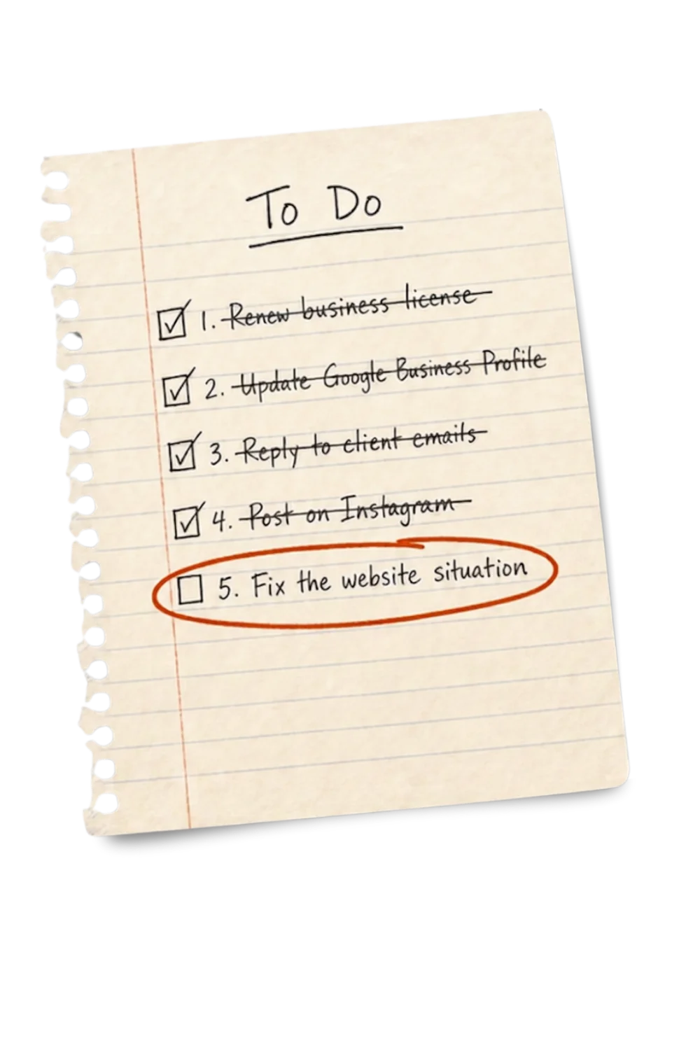 Handwritten to-do list with four items checked off and 'Fix the website situation' as the only unchecked task.